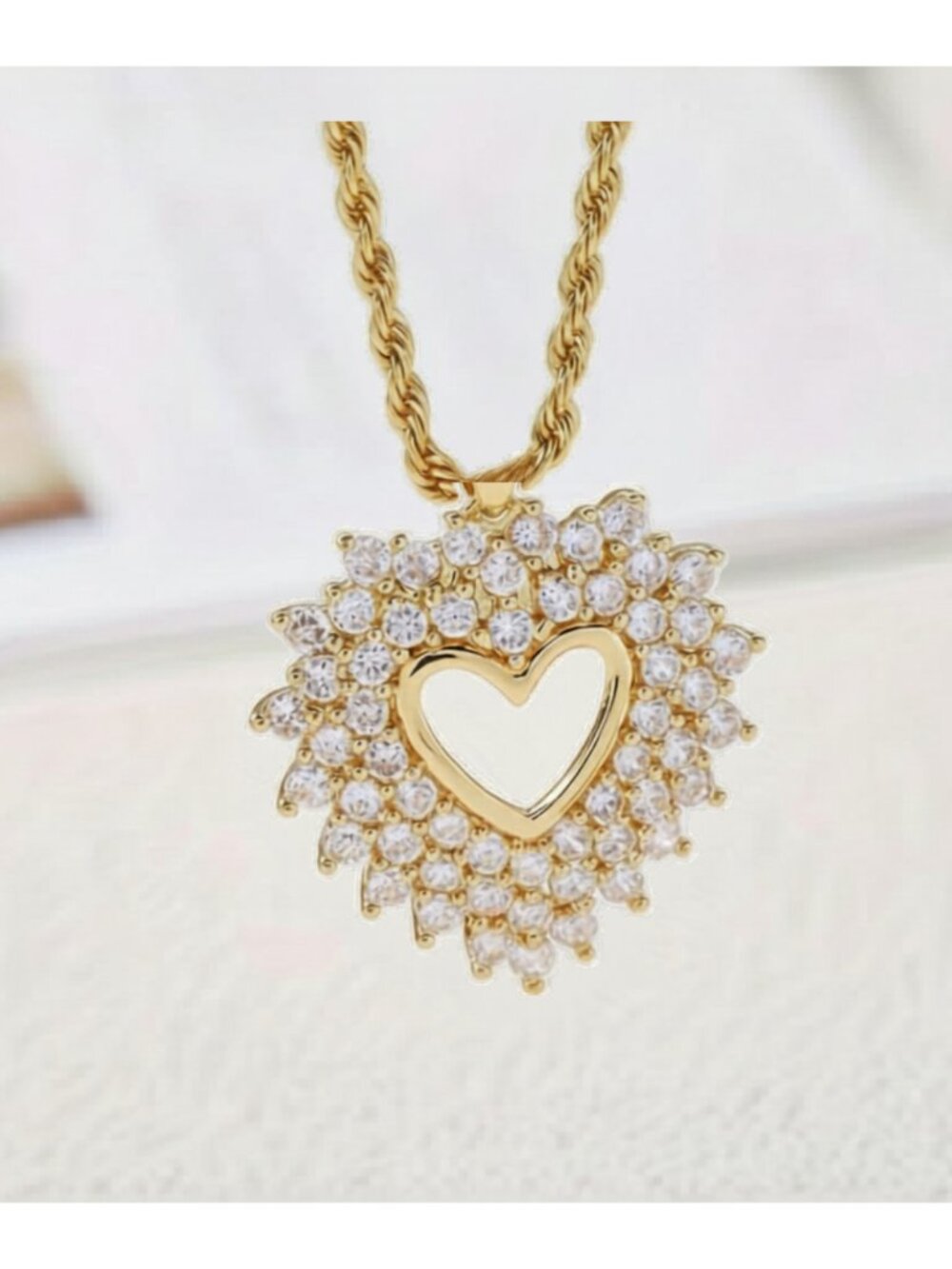 Hollowed-Out Heart Pendant Necklace 14K Gold Plate Simulated Diamonds Rope Chain